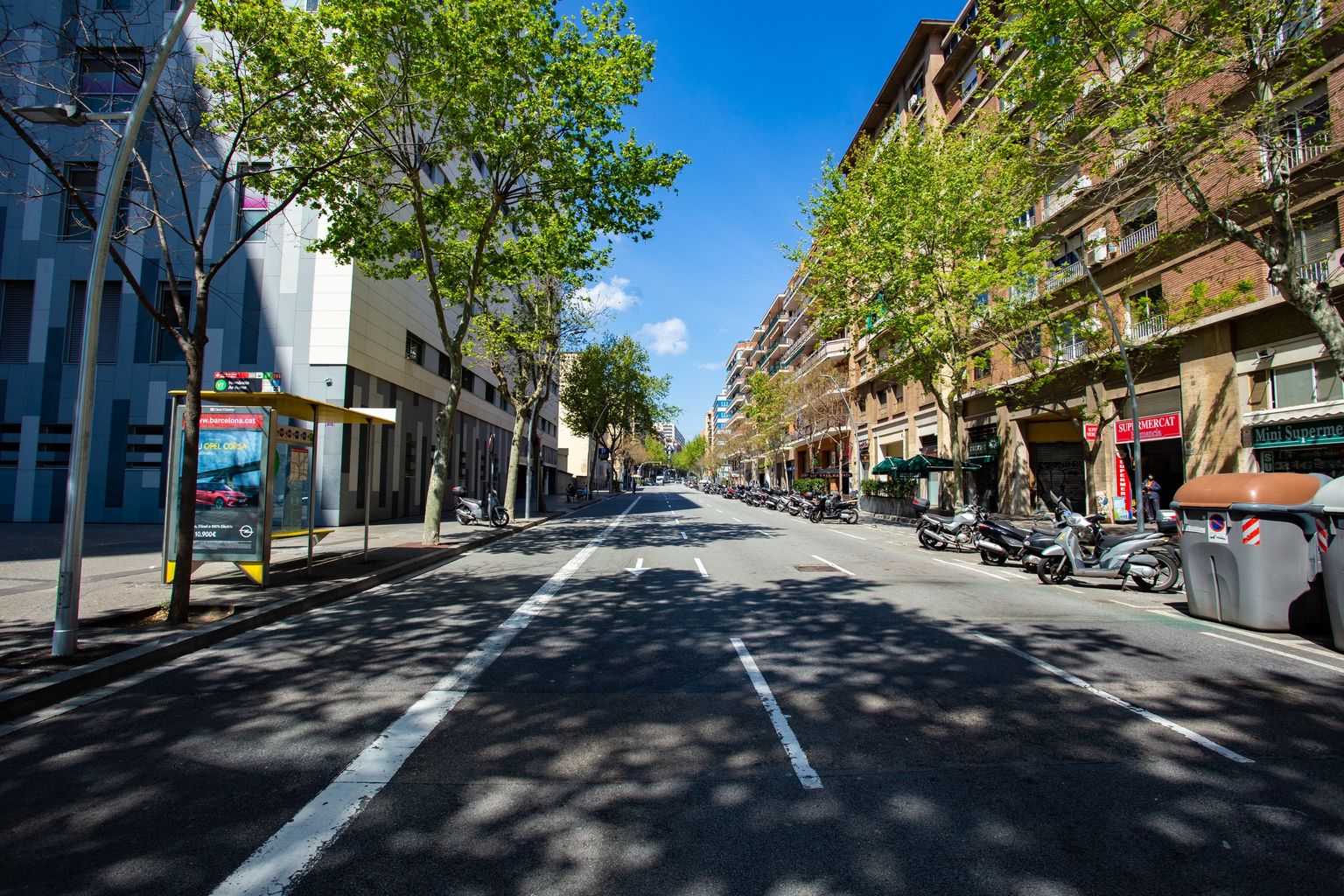Carrer de Numància sense trànsit a l’altura de Sant Joan de Déu. Districte de Sants-Montjuïc. Barri de Sants.