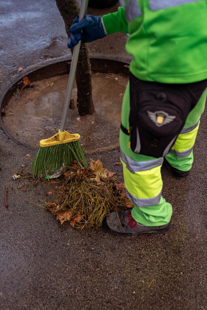 Un treballador del Servei de Neteja escombra les fulles seques al voltant d'un escocell