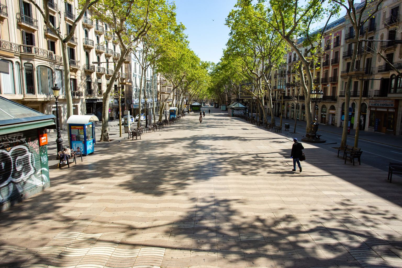 La Rambla casi vacía de personas y con los quioscos cerrados. Distrito de Ciutat Vella barrios Gòtic y Raval.