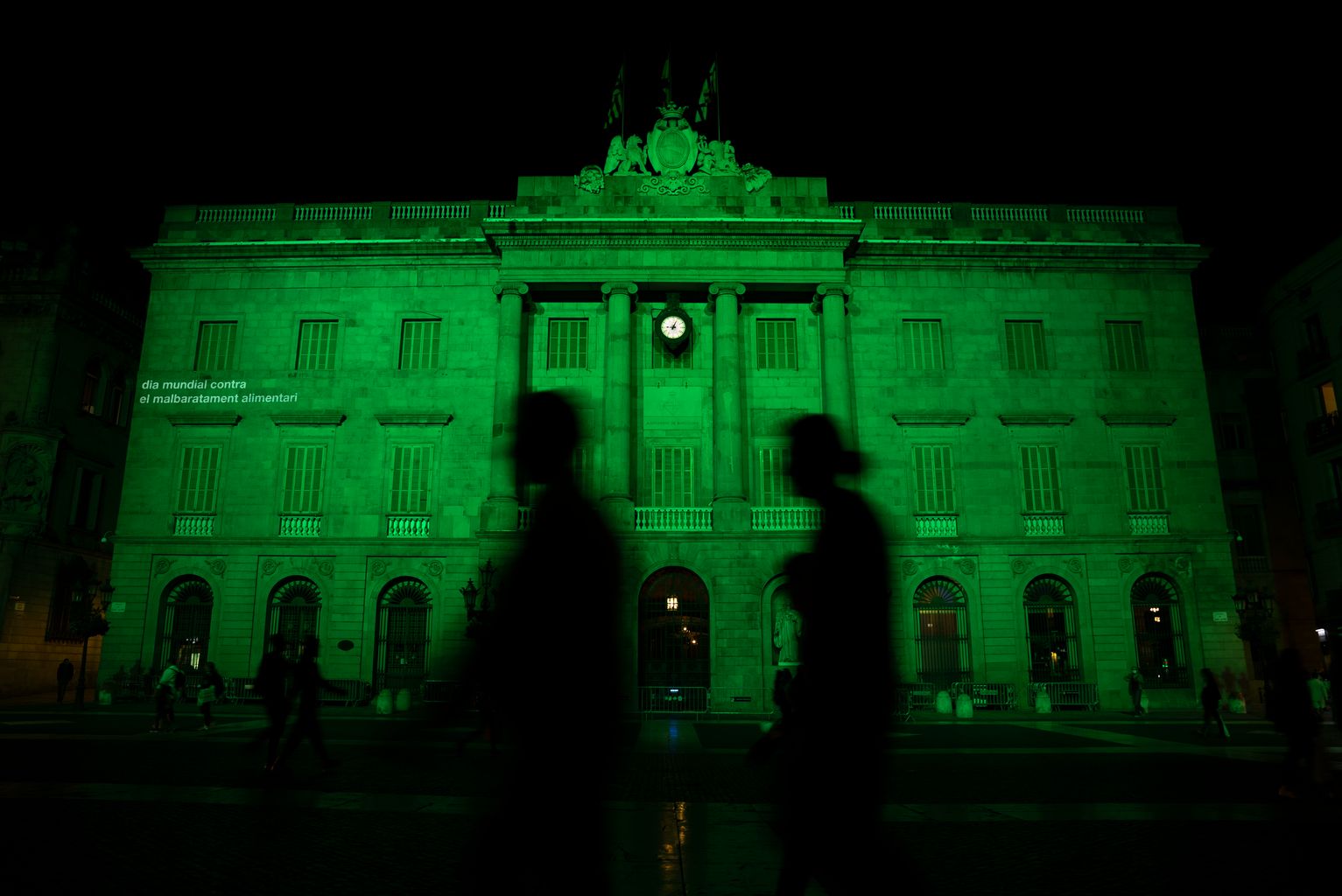 Persones que passen per la plaça de Sant Jaume davant de la façana il·luminada en verd amb motiu del Dia Contra el Malbaratament Alimentari