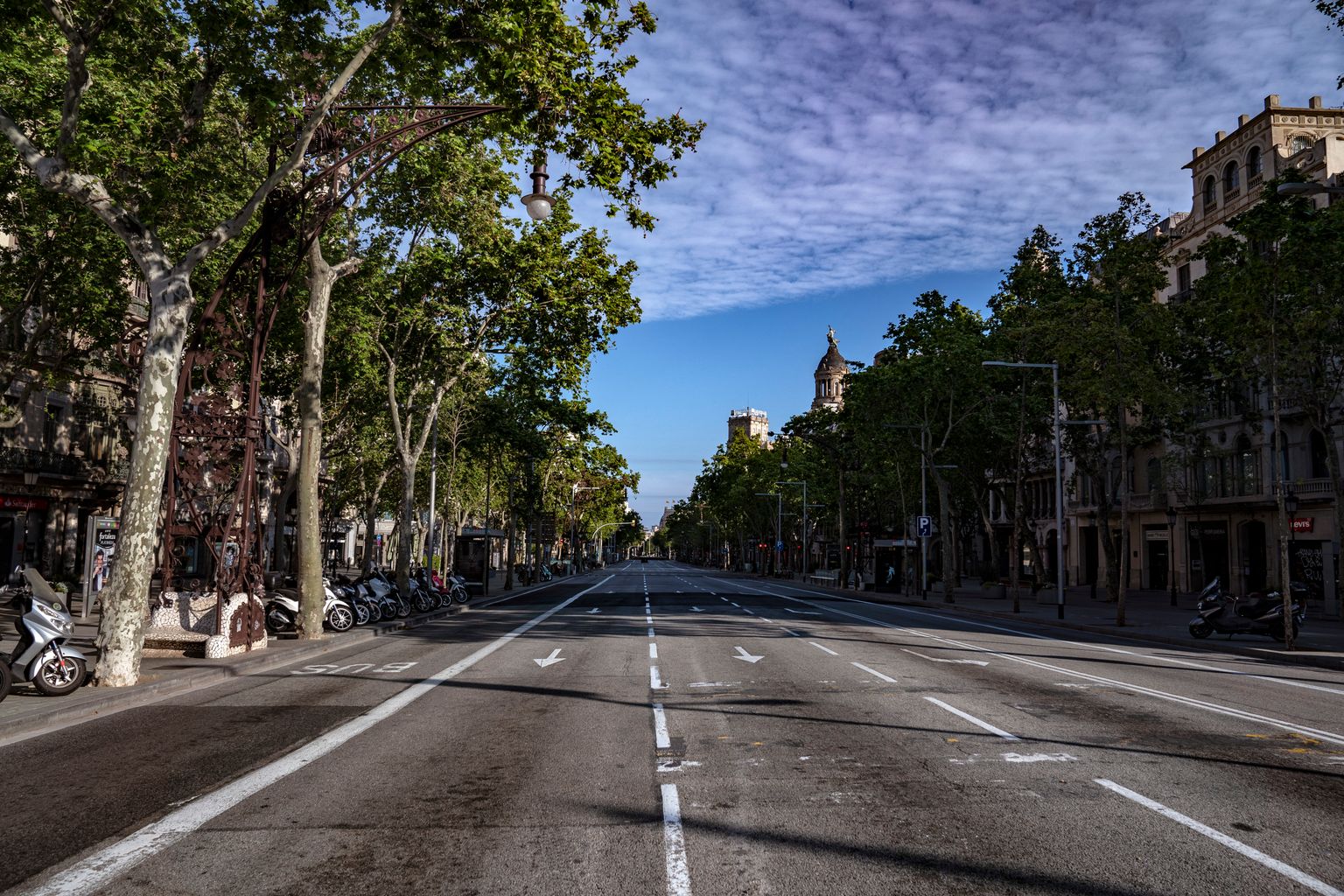 Districte de l’Eixample. Barri de la Dreta de l’Eixample. Passeig de Gràcia sense trànsit i amb les botigues tancades