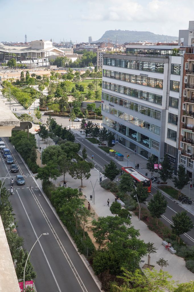 Vistes en alçada de l'avinguda de la Meridiana en el tram de plaça de les Glòries al carrer del Consell de Cent amb l'inici de la rambla central amb verd urbà i escocells naturalitzats als laterals