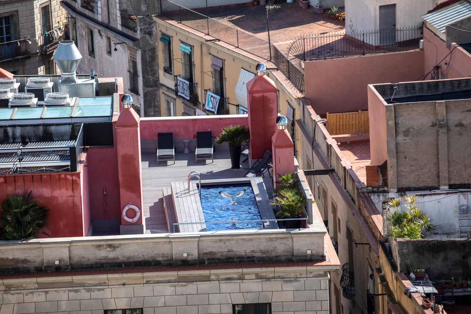 Vistes de Barcelona des del mirador de Maria Aurèlia Capmany. Detall d’una terrassa amb piscina que sobrevola una gavina
