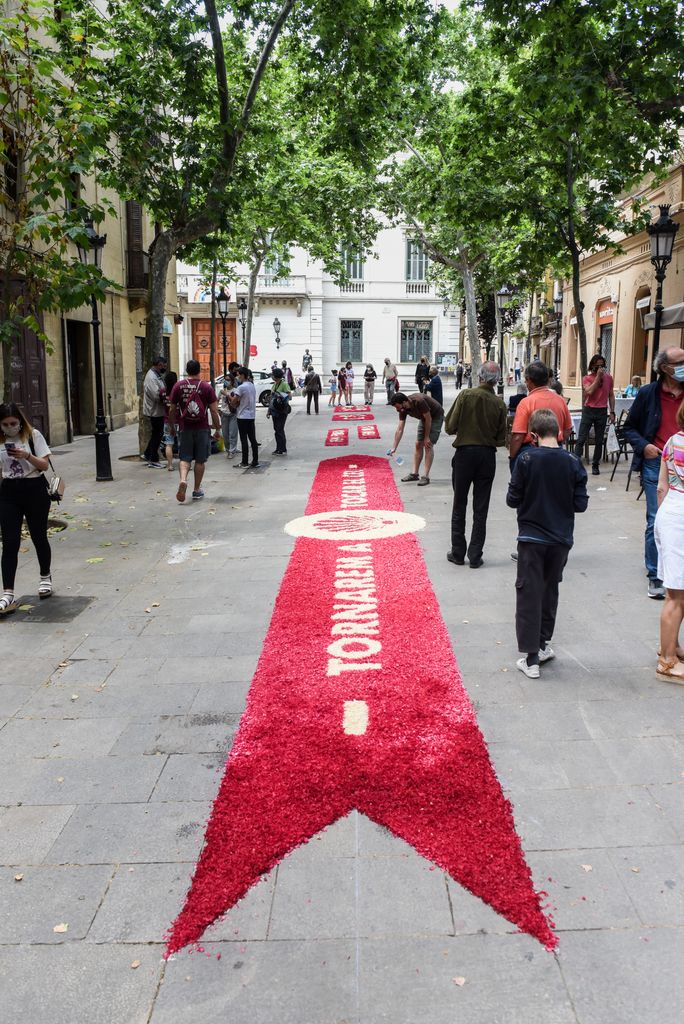 Vista conjunta dels diferents fragments de catifa floral creada pels Castellers de Sarrià a la plaça del Consell de la Vila amb motiu de la festa del Corpus on es pot llegir 'Tornarem a tocar el cel'