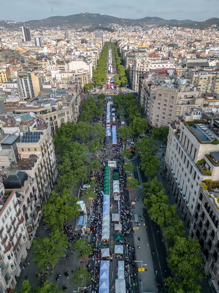 Vista aèria de les parades de Sant Jordi al passeig de Gràcia en sentit muntanya, instal·lades al centre de la via, i gent al voltant.