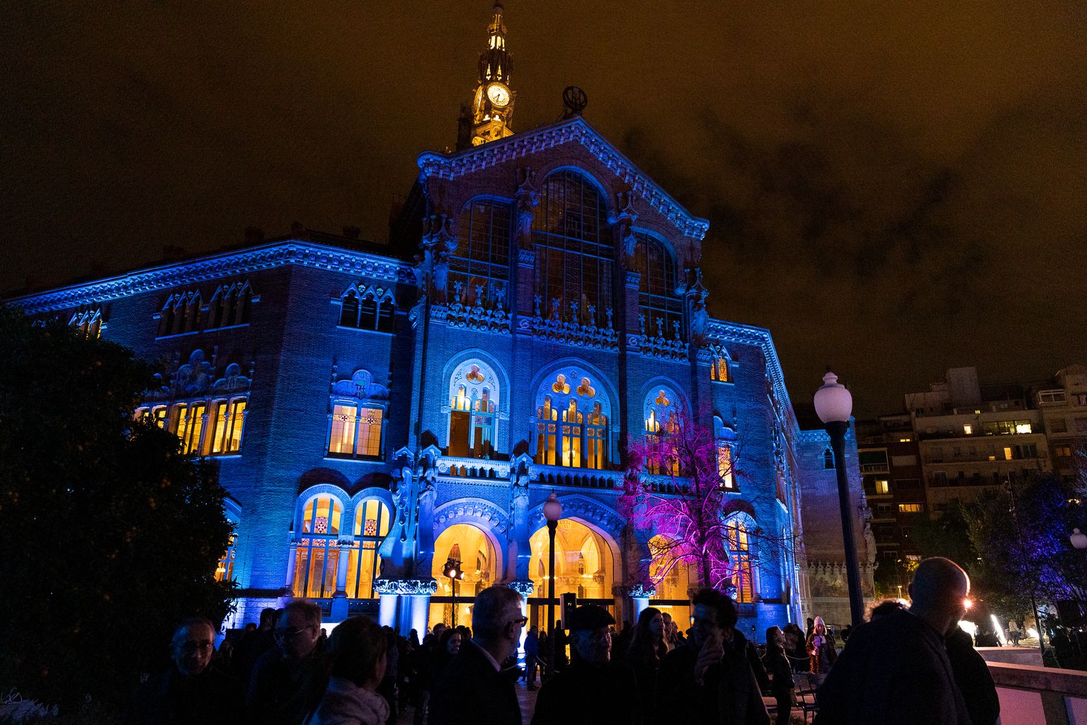 Façana del recinte modernista de l'Hospital de Sant Pau il·luminada amb un mapatge amb motiu de l'enllumenat nadalenc