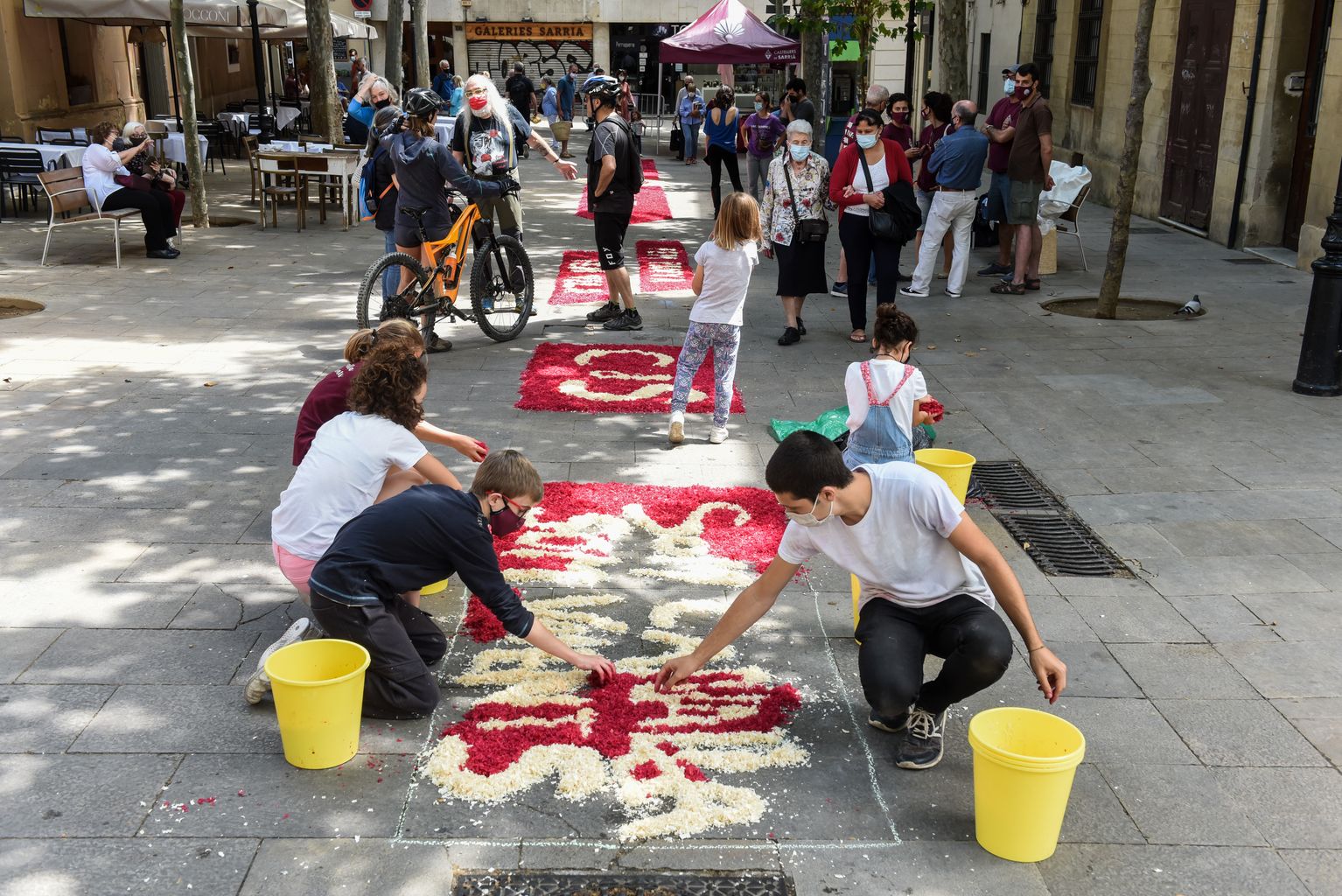 Grans i petits dels Castellers de Sarrià treballen en la creació de les catifes florals amb motiu de la festa del Corpus a la plaça del Consell de la Vila.