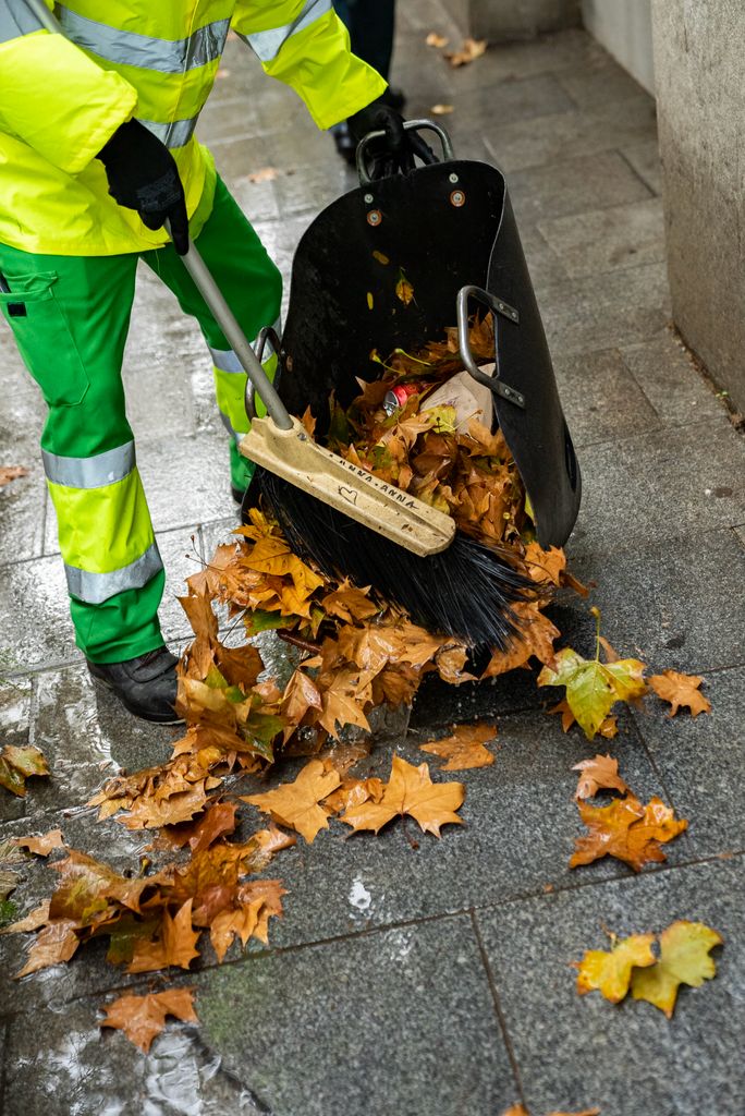 Un trabajador del Servicio de Limpieza llena el capazo con un montón de hojas secas y otros restos que acaba de barrer en la rambla del Poblenou, bajo la lluvia