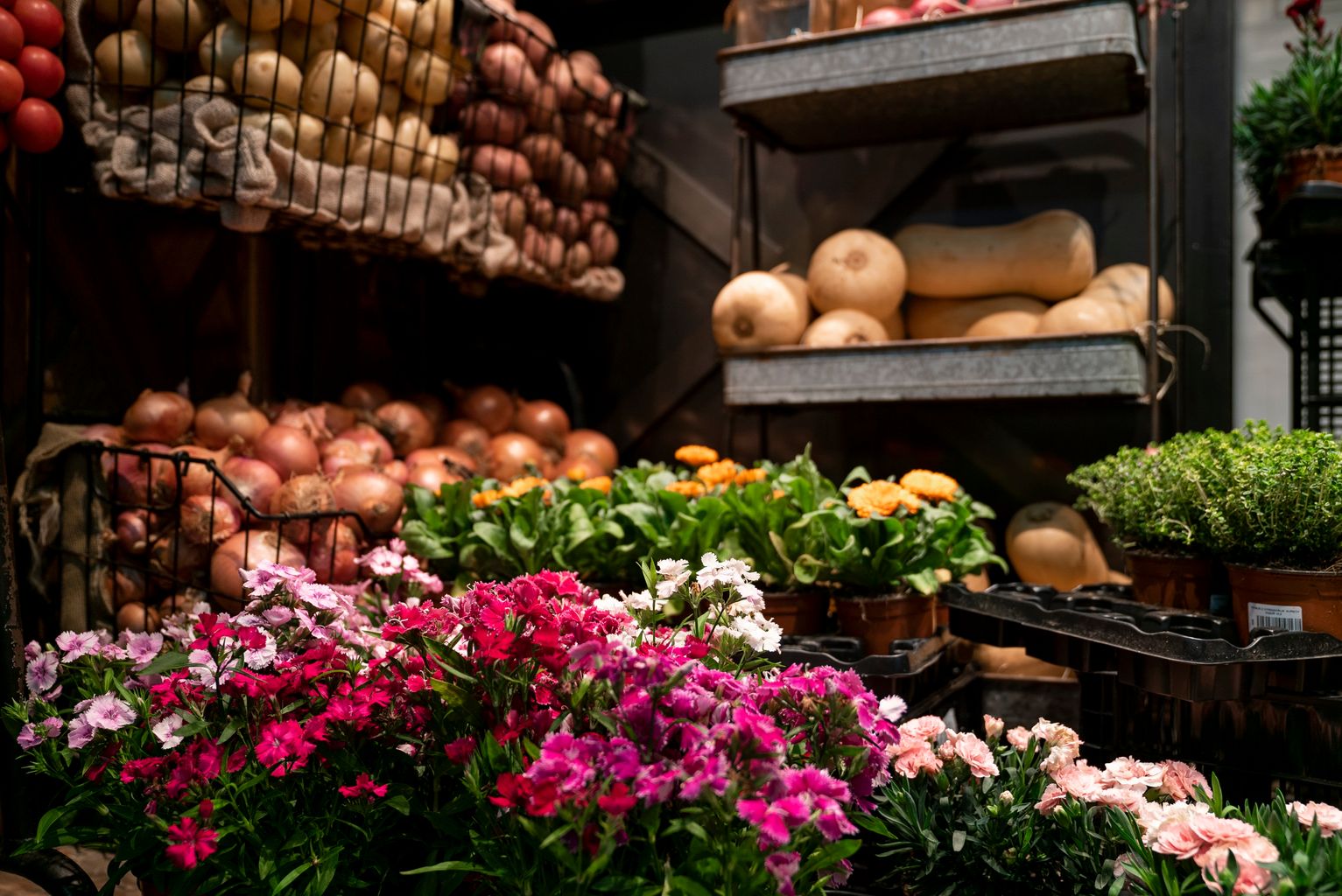 Parada de fruites i verdures del Mercat de Sant Antoni amb torretes de flors de la campanya "Planta'm al balcó"