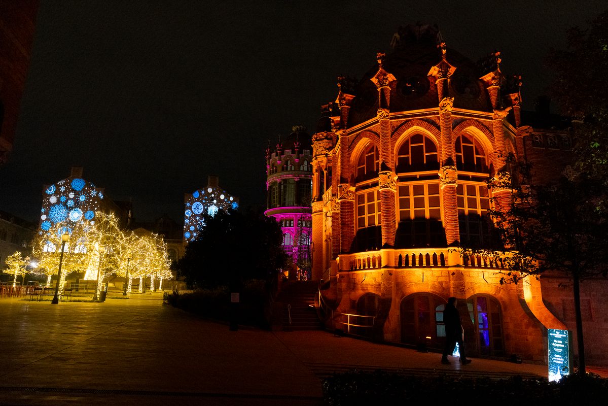 
             Edificis del recinte modernista de Sant Pau il·luminats amb llums de Nadal
             Autor: Edu Bayer
             Mostra els detalls de la imatge Edificis del recinte modernista de Sant Pau il·luminats amb llums de Nadal
             
