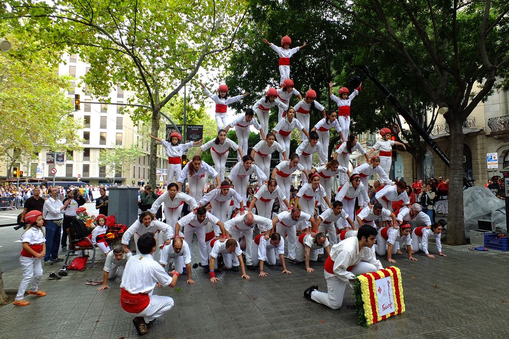 Ofrena floral de la Diada de la colla dels Falcons de Barcelona executant una figura.