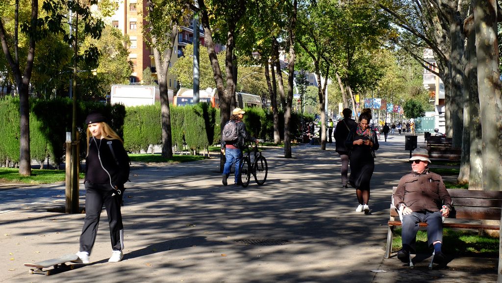 Avinguda Meridiana, tram entre els carrers de Las Navas de Tolosa i de Felip II (cantó mar). Passeig arbrat amb bancs