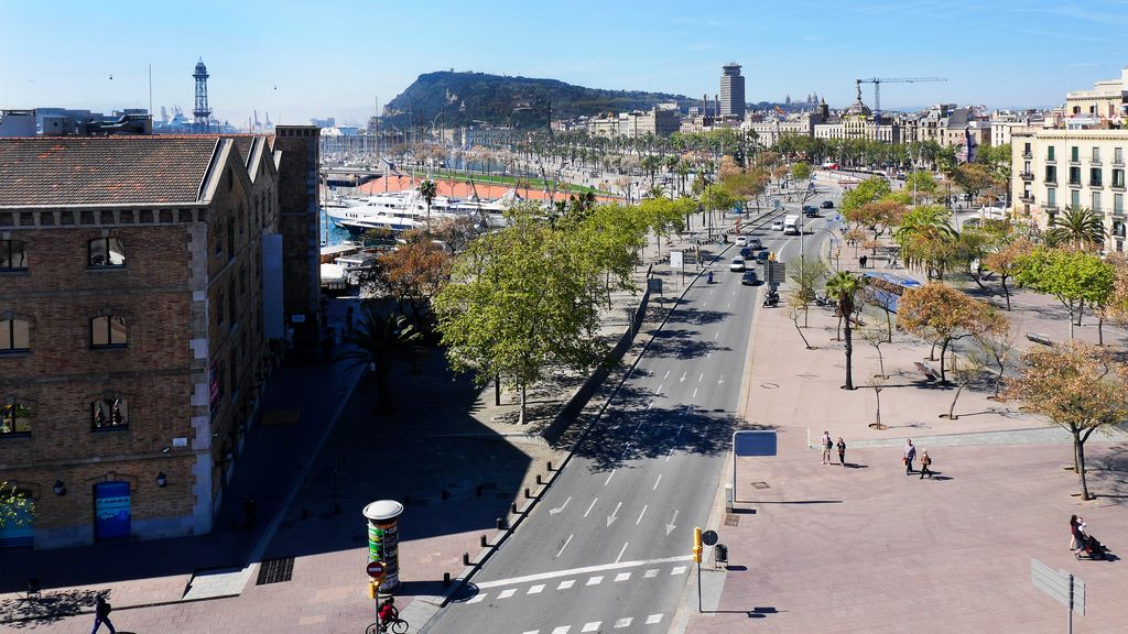 Vista del Port des del Museu d'Art de Catalunya fins a la muntanya de Montjuïc