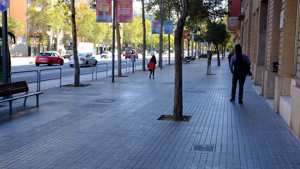 Avinguda Meridiana, tram entre els carrers de Las Navas de Tolosa i de Felip II (cantó muntanya). Vorera