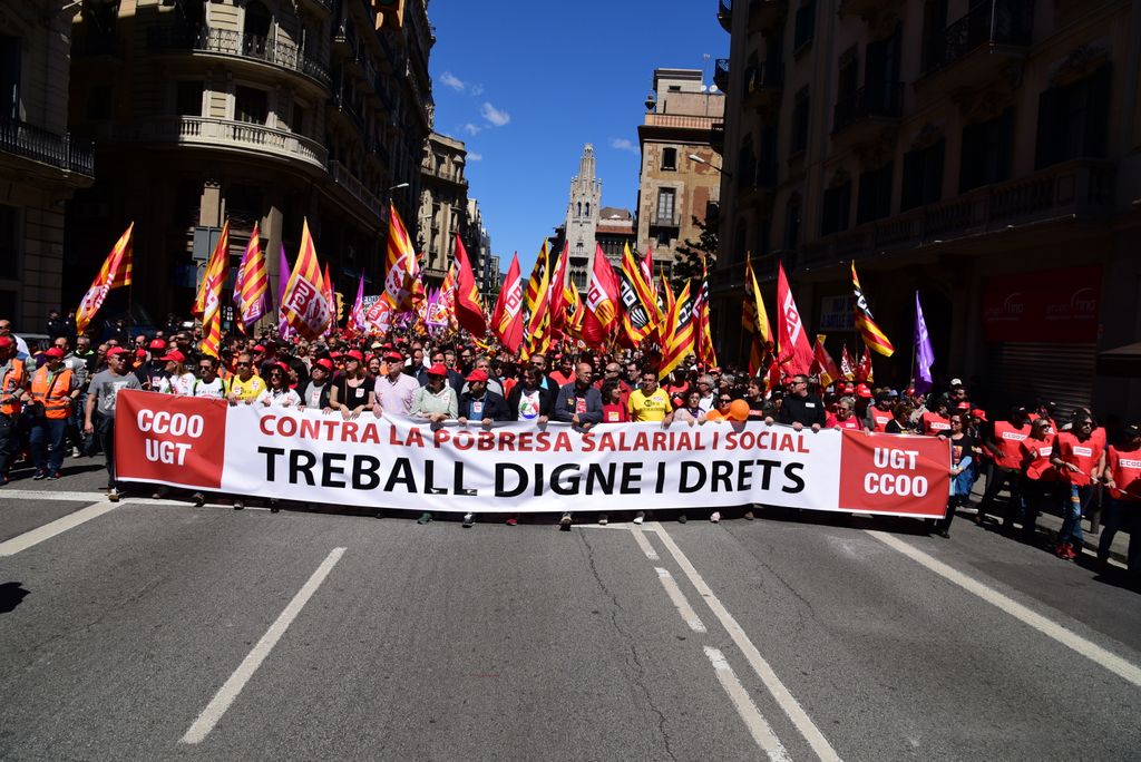 Dia Internacional dels Treballadors 2016. Manifestació. Capçalera per via Laietana