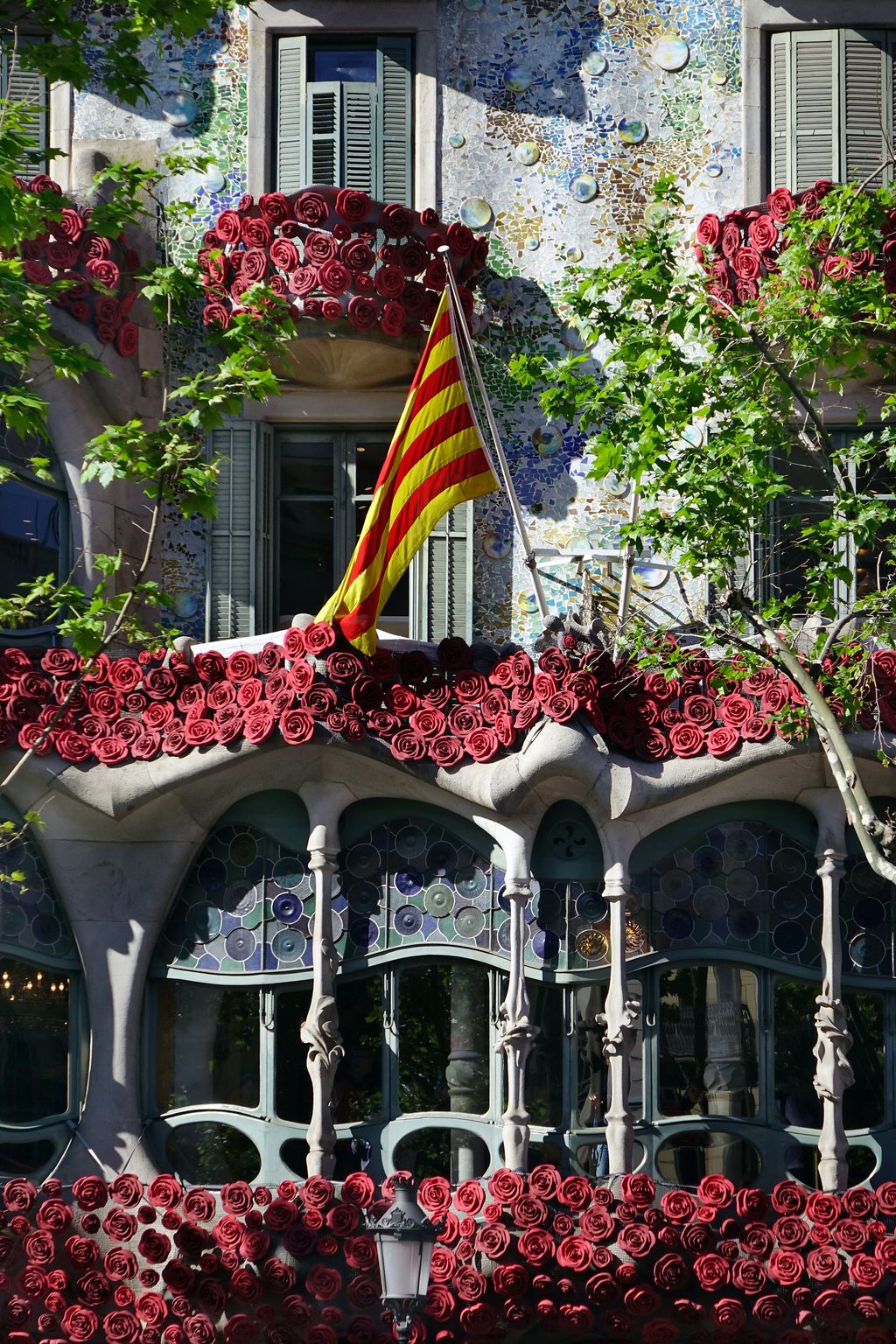 Diada de Sant Jordi 2016. Façana de la Casa Batlló decorada amb roses vermelles i una senyera