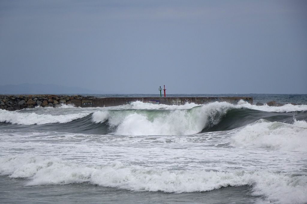 Vistes de la platja i del mar a la tardor. Onades