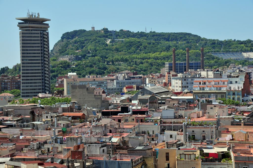 Coberta verda. Vistes de la muntanya de Montjuïc i l'edifici Colon