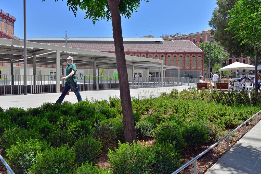 Un home camina per la zona pacificada de la superilla de Sant Antoni davant del mercat amb uns grans parterres amb plantes i on hi ha instal·lada una terrassa de bar