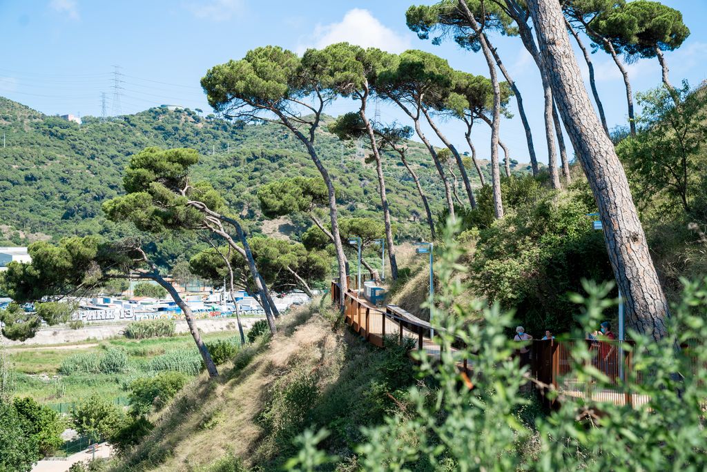 Camí de l'Oristà amb una zona amb una barana de protecció per afegir seguretat al traçat que bordeja la muntanyeta de Can Sant Joan