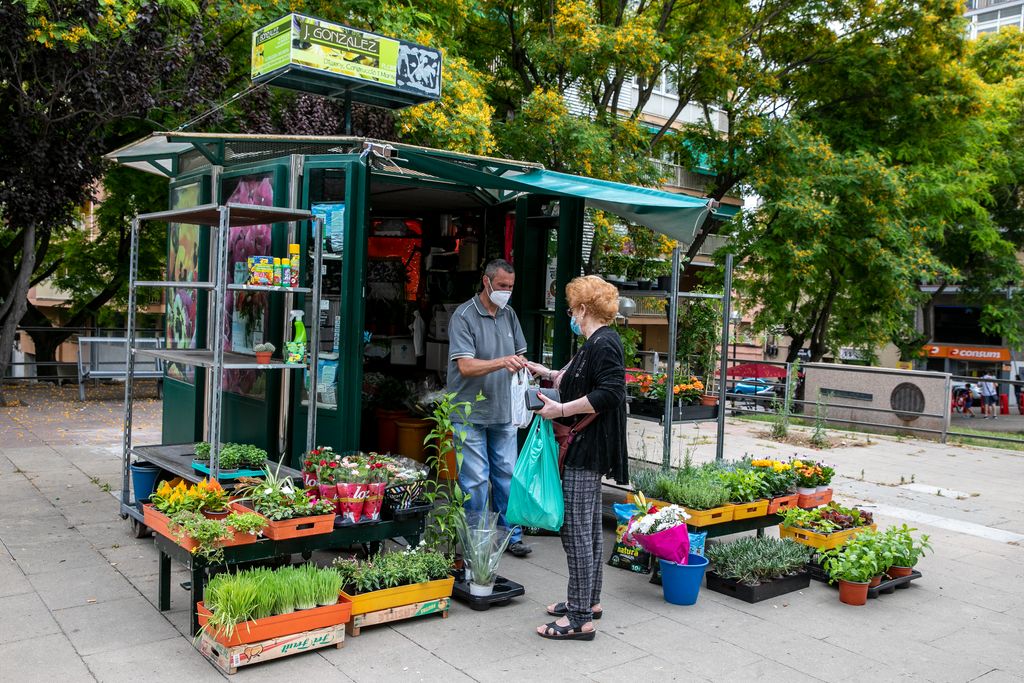 Una dona compra unes plantes en un quiosc de flors de la via Júlia