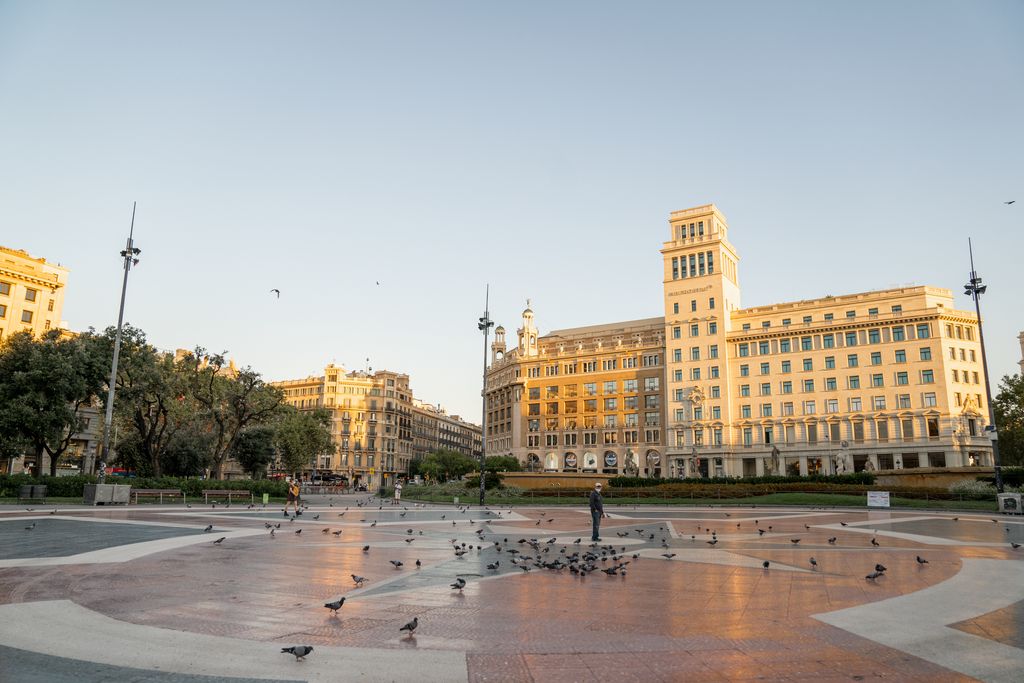 Vista general de la plaça de Catalunya amb una persona envoltada de coloms