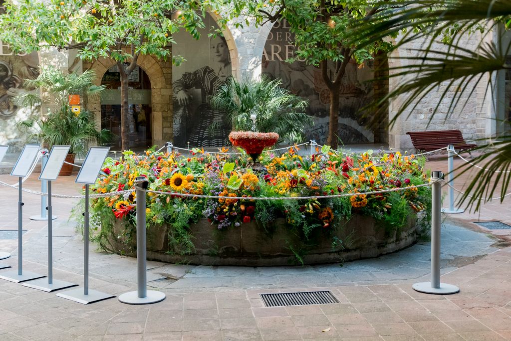 Vista de la font del Museu Frederic Marès amb l’ou com balla, vestit de moltes flors al seu voltant, amb motiu del Corpus del 2025