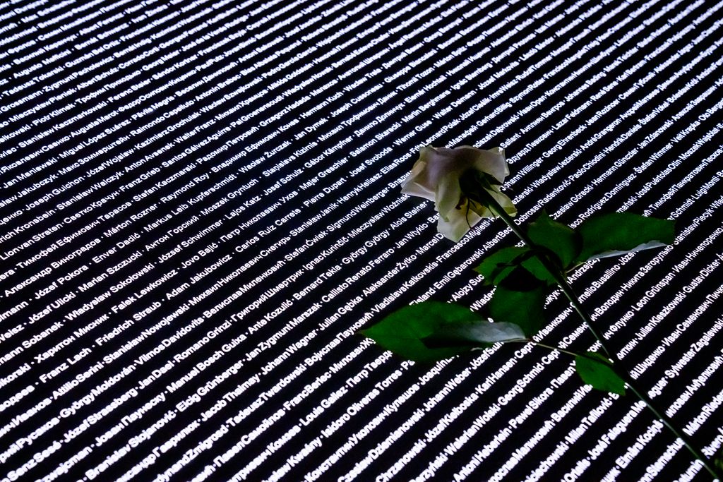 Memorial del camp on apareixen els noms de totes les víctimes assassinades a Mauthausen i, sobre elles, una rosa blanca