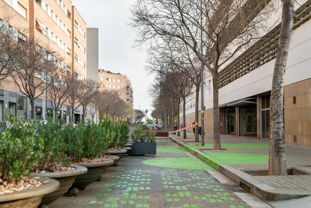 Zona pacificada de vorera ampliada al carrer de Provençals, a l’entorn de l’Escola Grèvol, separada del trànsit per un conjunt de jardineres i amb el terra pintat amb formes de color verd