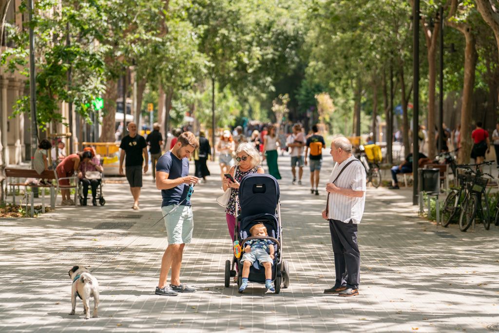 Una família, on hi ha un pare, un avi, una àvia, un nen petit i un gos, passeja tranquil·lament pel mig del nou eix verd de Consell de Cent.