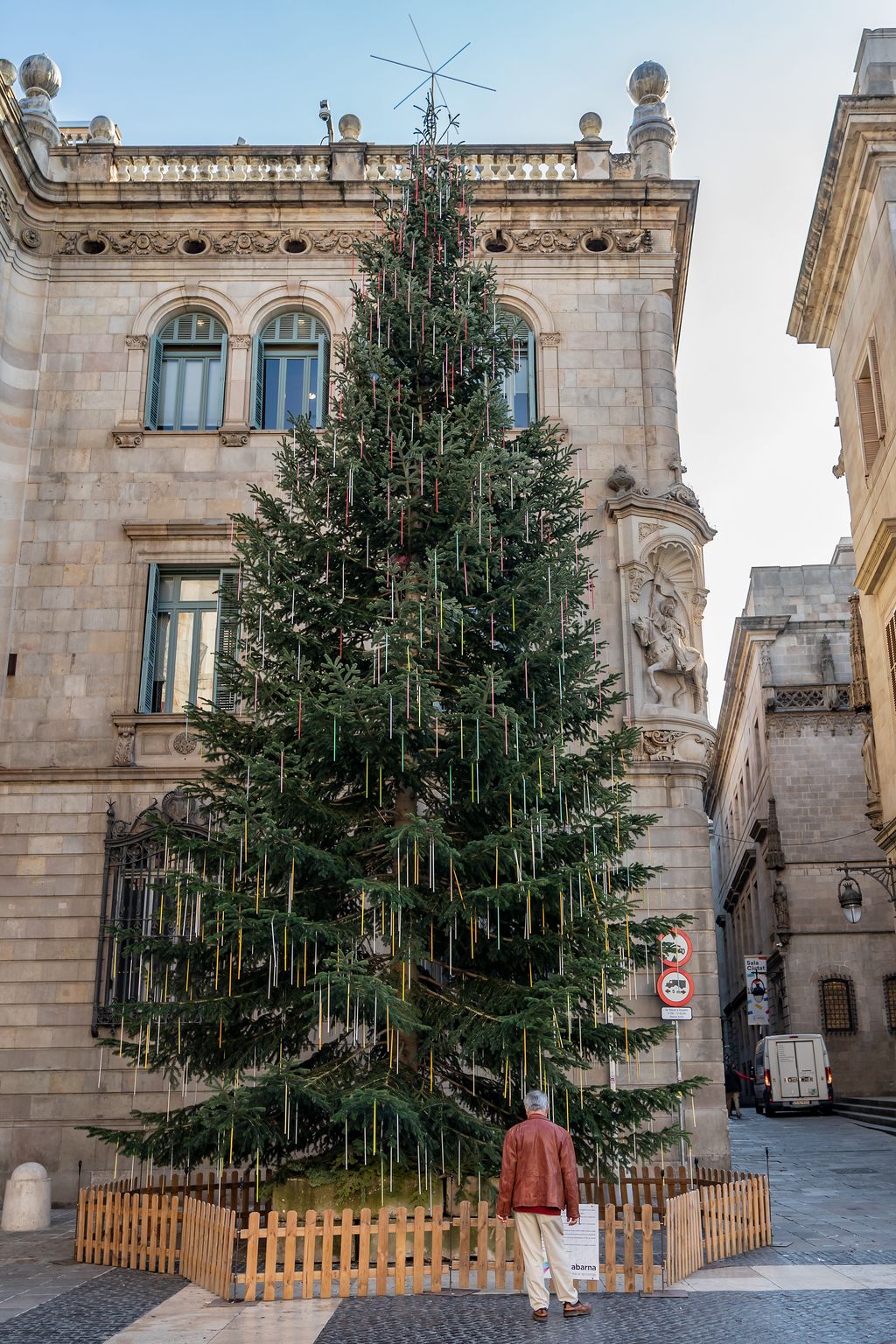 Un hombre se para a mirar el árbol de Navidad en la plaza de Sant Jaume