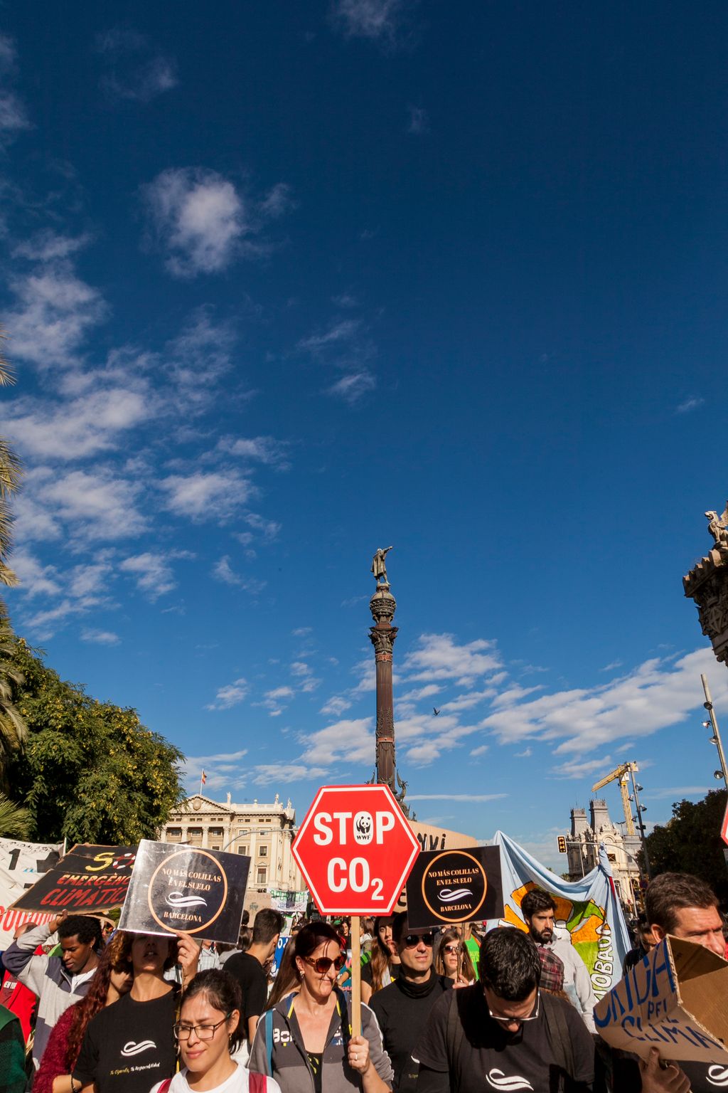 Manifestant de la Marxa pel Clima amb cartells i pancartes amb el Monument a Colom al fons