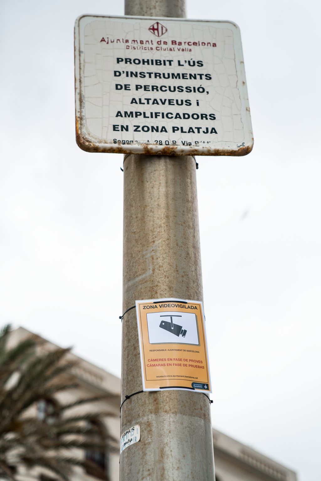 Cartells d'avisos de l'Ajuntament de zona vigilada per càmeres i de prohibit de l'ús d'instruments de percussió, altaveus i amplificadors en zona platja
