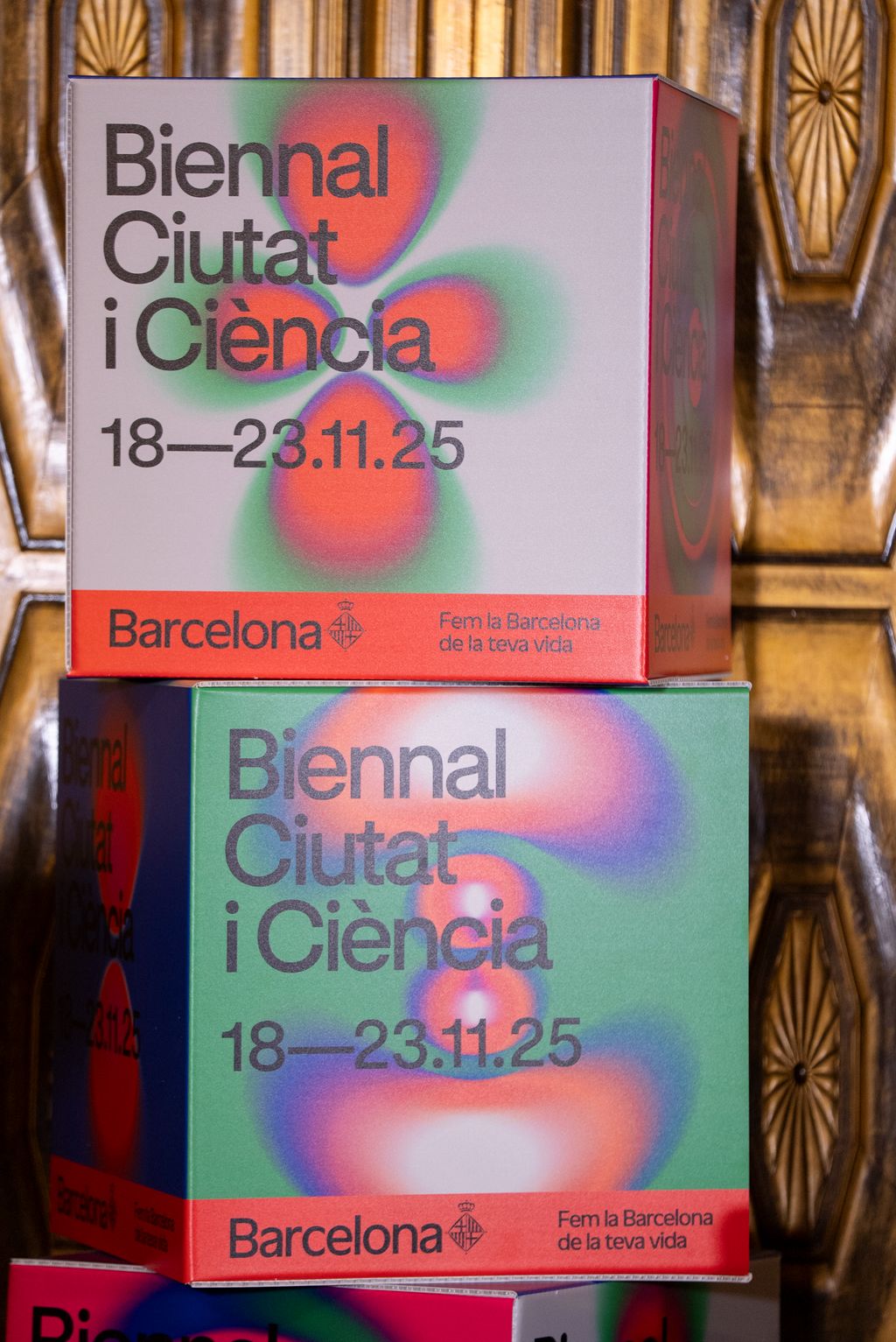 Plataformes quadrades informatives que anuncien la quarta edició de la Biennal Ciutat i Ciència