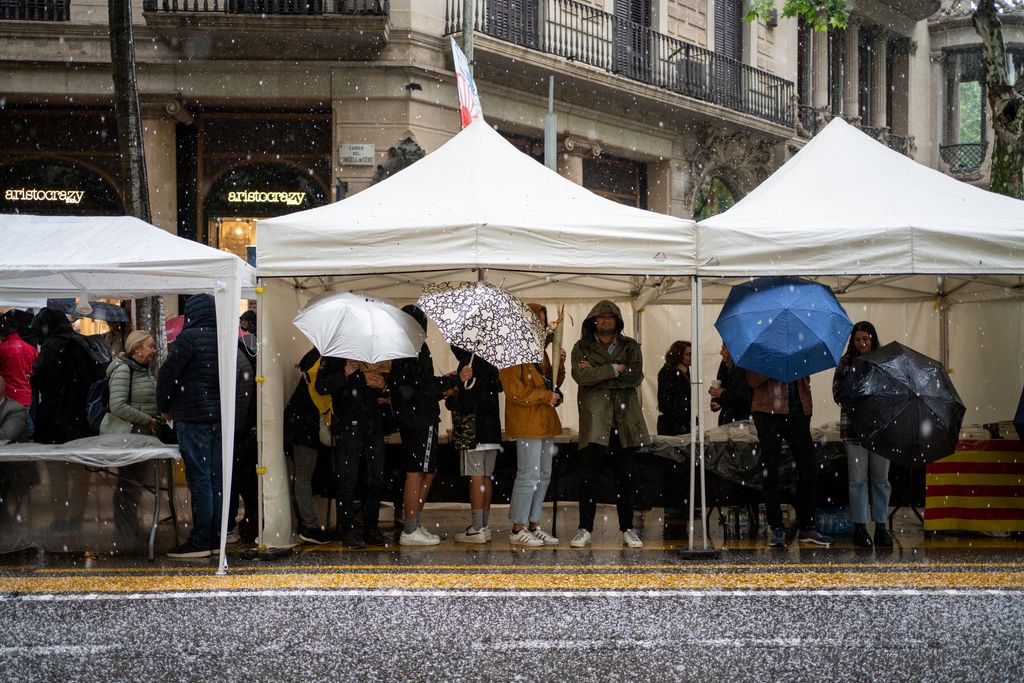 Gent aixoplugant-se de la pedra a unes parades del passeig de Gràcia durant la Diada de Sant Jordi