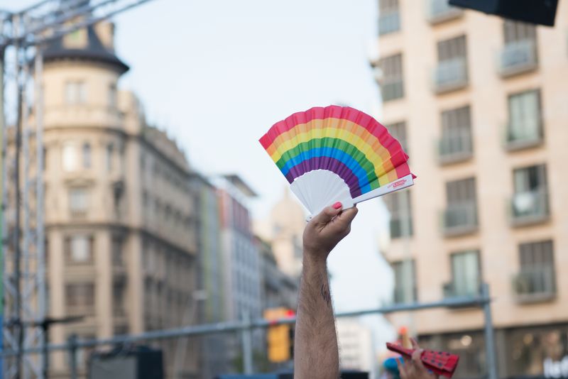 
             Una mà sosté un ventall amb la bandera de l